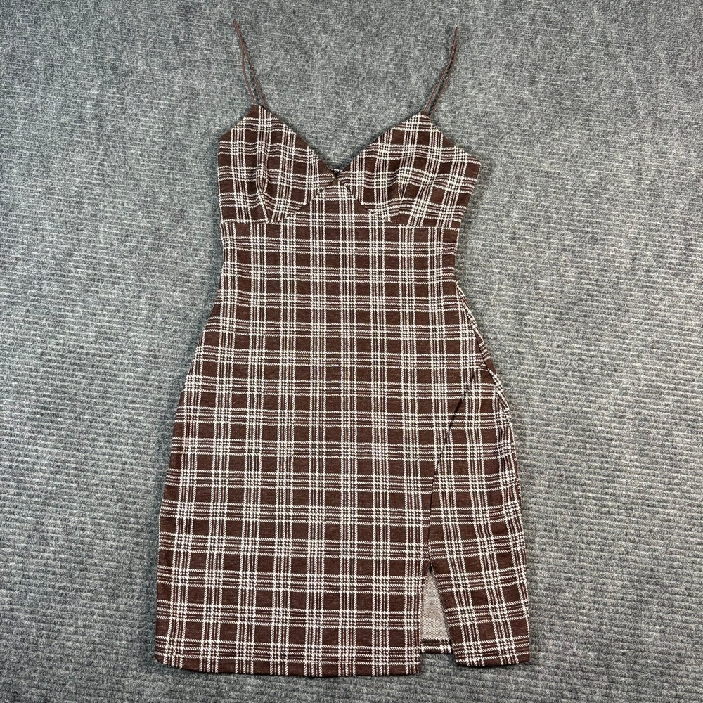 Windsor Mini Dress Women Small Brown Excellent Plaid Spaghetti Strap Slit